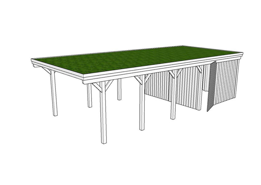 Gründach-Carport CLASSIC Holzblende mit Abstellraum (Verkleidung: Klassisches Duoprofil) - FREESE Holz 