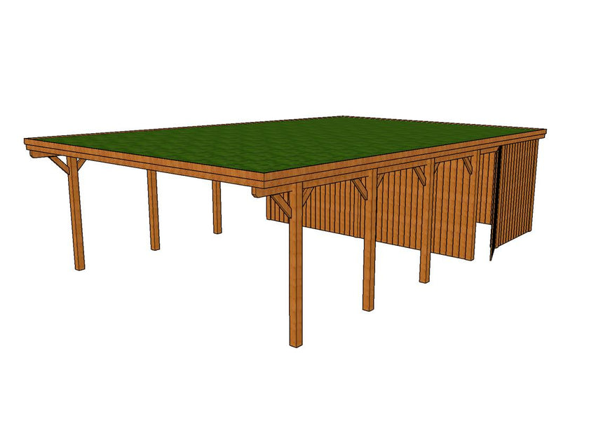 Gründach-Carport CLASSIC Holzblende mit Abstellraum (Verkleidung: Klassisches Duoprofil) - FREESE Holz 