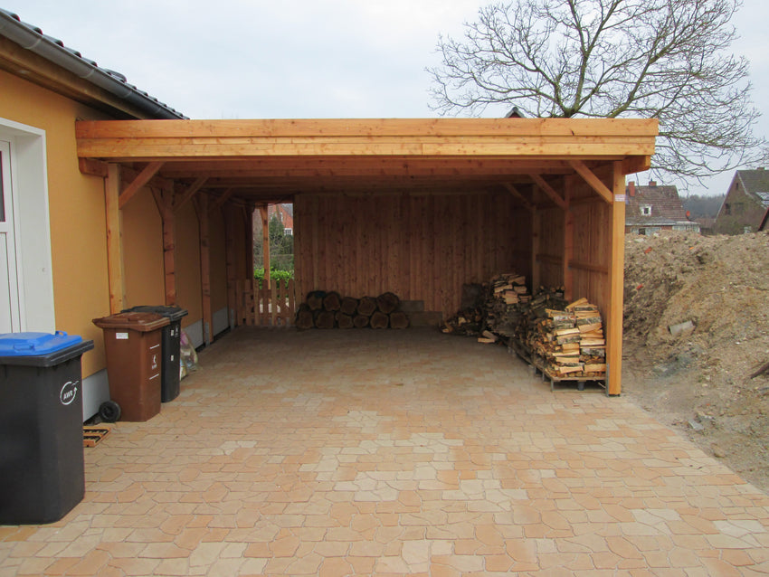 Doppelcarport CLASSIC Holzblende mit Abstellraum (Verkleidung: Klassisches Duoprofil) - FREESE Holz 