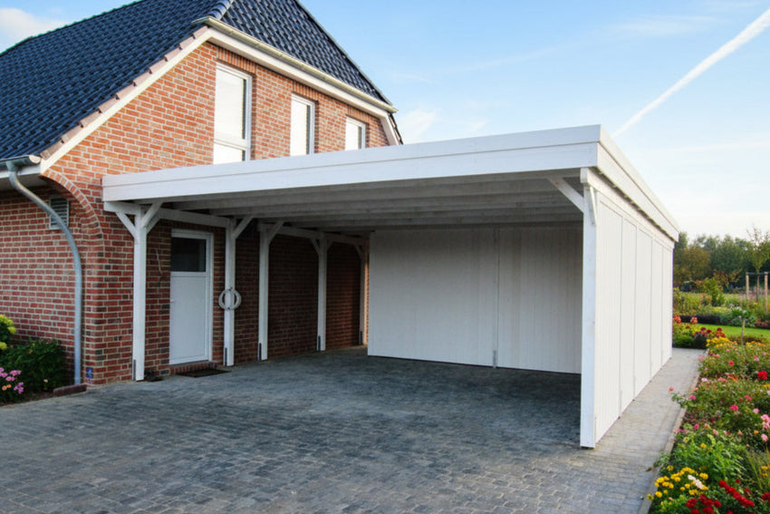Doppelcarport CLASSIC Holzblende mit Abstellraum (Verkleidung: Klassisches Duoprofil) - FREESE Holz 