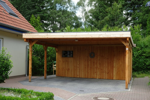 Doppelcarport CLASSIC Holzblende mit Abstellraum (Verkleidung: Klassisches Duoprofil) - FREESE Holz 