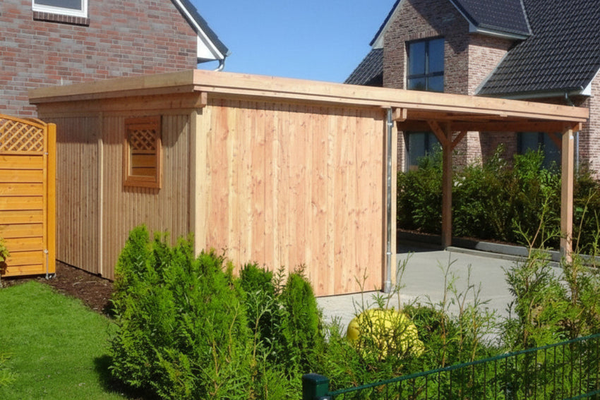 Doppelcarport CLASSIC Holzblende mit Abstellraum (Verkleidung: Klassisches Duoprofil) - FREESE Holz 