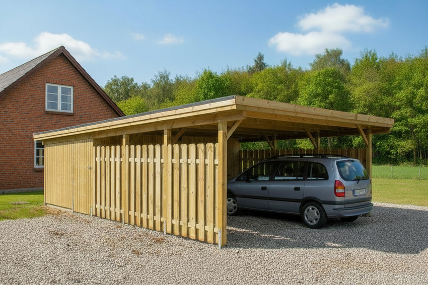 Doppelcarport CLASSIC Holzblende mit Abstellraum (Verkleidung: Klassisches Duoprofil) - FREESE Holz 