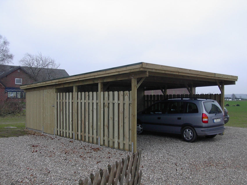 Doppelcarport CLASSIC Holzblende mit Abstellraum (Verkleidung: Klassisches Duoprofil) - FREESE Holz 