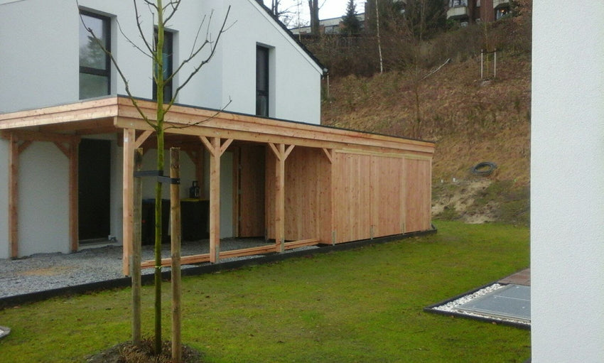 Einzel-Carport CLASSIC Holzblende mit Abstellraum (Verkleidung: Klassisches Duoprofil) - FREESE Holz 