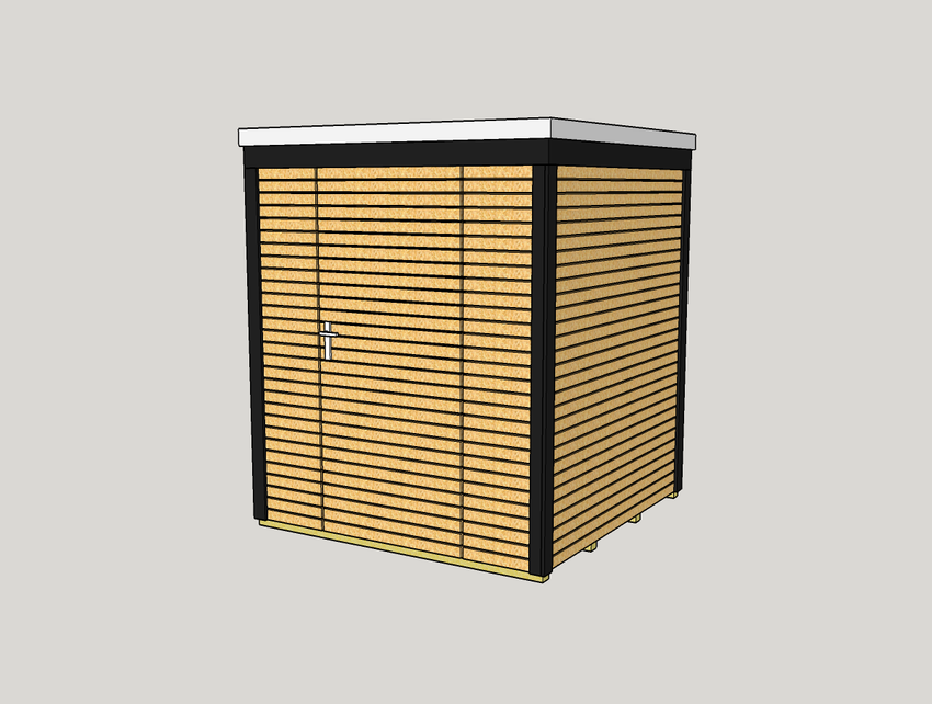 Technische Skizze eines modernen Gartenhauses mit horizontaler Rhombusschalung, dunklen Rahmen und flachem Dach