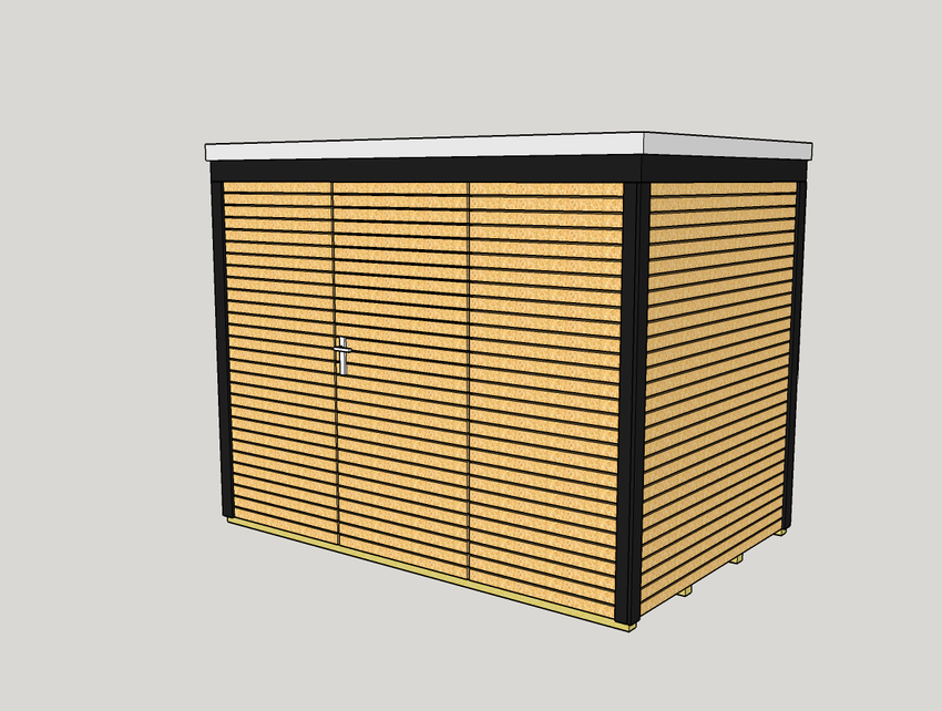 Technische Skizze eines modernen Gartenhauses mit horizontaler Rhombusschalung, dunklen Rahmen und flachem Dach