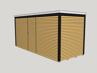 Technische Skizze eines modernen Gartenhauses mit horizontaler Rhombusschalung, dunklen Rahmen und flachem Dach