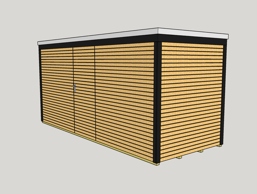 Technische Skizze eines modernen Gartenhauses mit horizontaler Rhombusschalung, dunklen Rahmen und flachem Dach