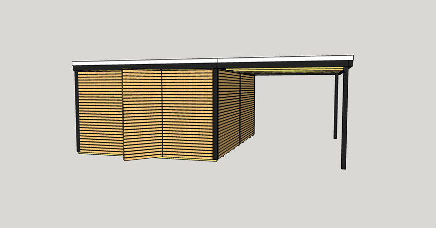 Technische Skizze eines modernen Gartenhauses mit horizontaler Rhombusschalung, dunklen Rahmen, flachem Dach und Vordach