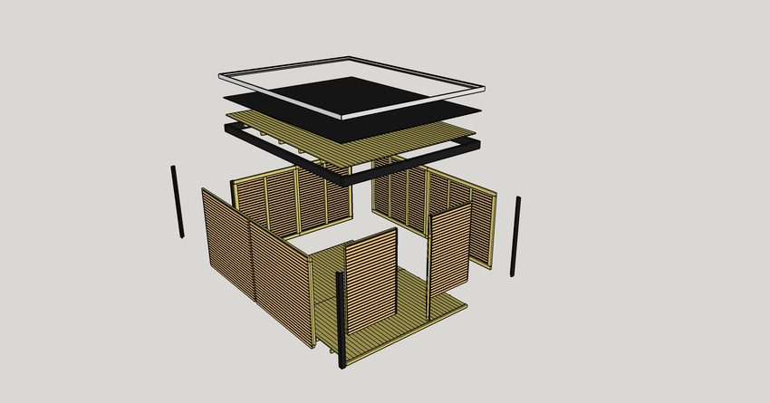 Explosionszeichnung eines modernen Holz-Gartenhauses mit zerlegten Wandmodulen, Rahmen, Dachschichten und Boden zur Darstellung des Aufbaus.