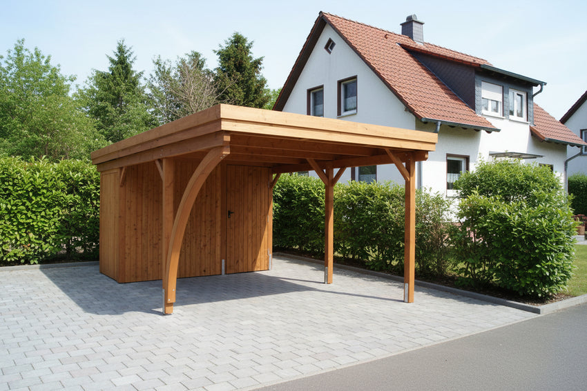 Gründach-Carport CLASSIC Holzblende mit Abstellraum (Verkleidung: Klassisches Duoprofil) - FREESE Holz 