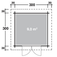 Grundriss Holz-Gartenhaus Pia 3030 von WOLFF FINNHAUS in 5 Türvarianten - FREESE Holz 