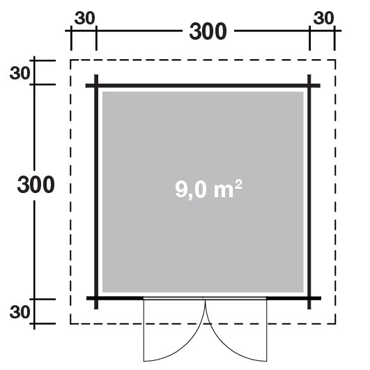 Grundriss Holz-Gartenhaus Pia 3030 von WOLFF FINNHAUS in 5 Türvarianten - FREESE Holz 